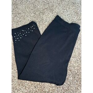 Quaker Factory  Women's M Black Capri Pants Rhinestone Hem‎ Pull On Cotton